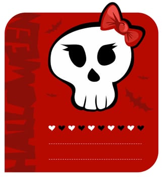 Red background funny skull girl halloween greeting card. Vector available