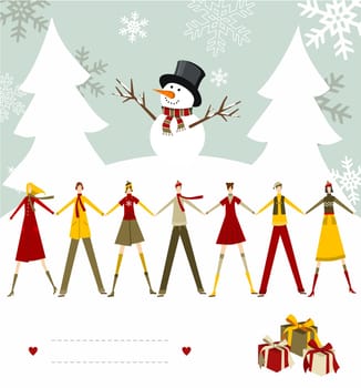 Snowman celebrating Christmas and people holding hands with blank lines to write on snowy background. Vector file available.