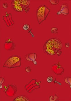 Pattern of pizza and ingredients on red background. Vector available
