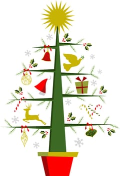 Fully decorated Christmas tree with a shiny golden star on top. White background vector file