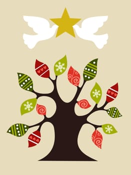 Christmas tree with pace doves holding and shiny golden star on top. Vector file available.
