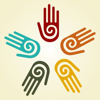 Hand with a spiral symbol on the palm, on a circle of hands background. Vector available.