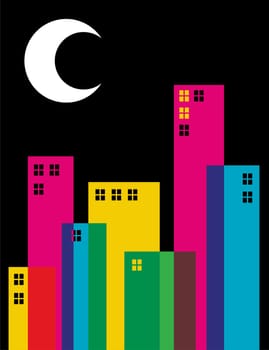 Multicolored transparency buildings and moon on top illustration. Vector file available.