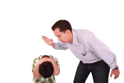 Dad scolding his son, father with son isolated on white