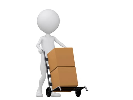 3d people icon with hand trucks and cargo boxes- This is a 3d render illustration