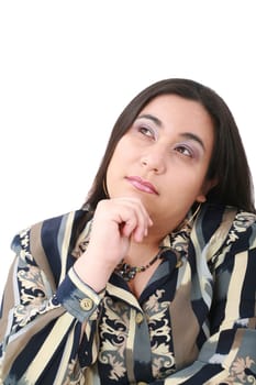 Portrait of young beautiful business woman looking contemplative. Isolated over white