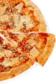 Hawaiian pizza with roasted chicken, pineapple, garlic and mozzarella cheese