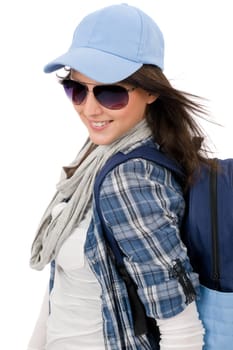 Smiling female teenager girl wear cool outfit and sunglasses