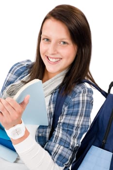 Student girl happy teenager with schoolbag hold books