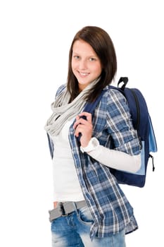 Happy student girl teenager with schoolbag on white