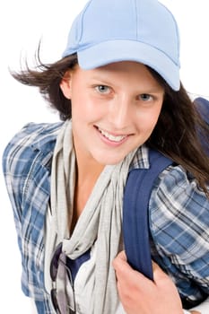 Smiling female teenager girl wear cool outfit and schoolbag
