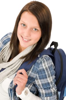Happy student girl teenager with schoolbag on white