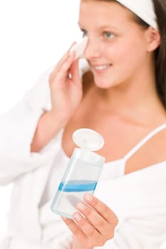 Acne facial care teenager woman clean skin isolated on white