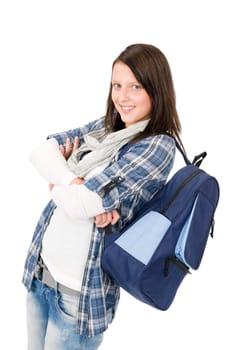 Happy student girl teenager with schoolbag on white