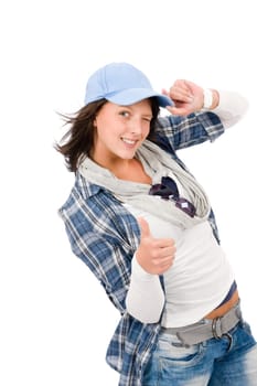 Smiling female teenager girl wear cool outfit thumb up