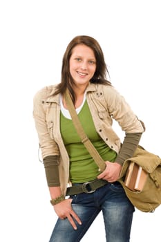 Student teenager girl with schoolbag posing looking at camera