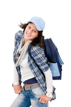 Smiling female teenager girl wear cool outfit and schoolbag