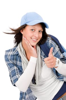 Smiling female teenager girl wear cool outfit thumb up