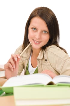 Student teenager happy girl write homework with book