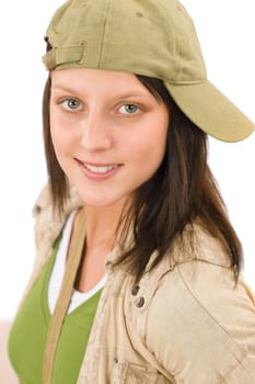 Student teenager girl with baseball cap posing looking at camera