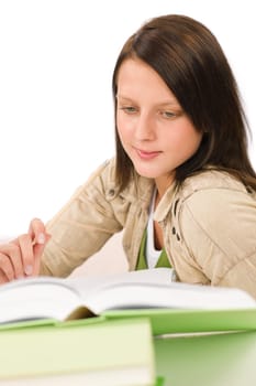 Student teenager happy girl write homework with book