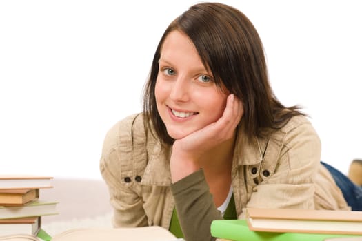 Student - female teenager write homework with book on white background