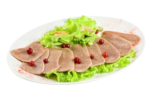 Beef tongue with cranberry isolated on a white background