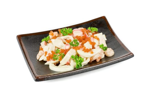 Seafood salad ar plated isolated on a white background