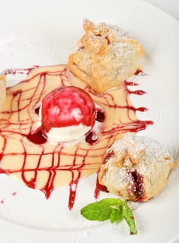 Tasty dessert with ice cream close up
