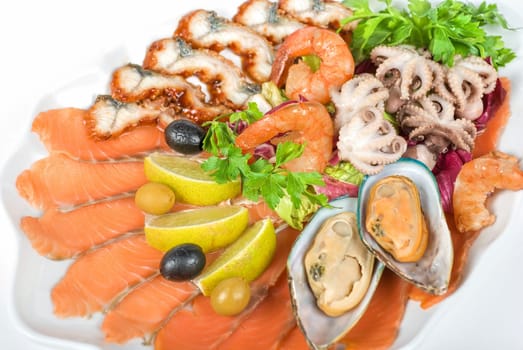 appetizer closeup of different seafood and vegetables