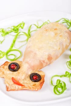 Baked squid at plate isolated on a white background