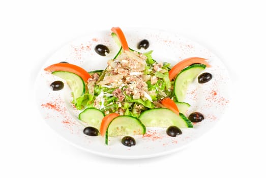 Salad of tuna fish with string beans, eggs, lettuce, boiled potato and fresh cucumbers and tomato