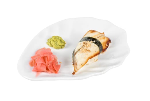 unagi sushi of eel with ginger, seaweed and sesame