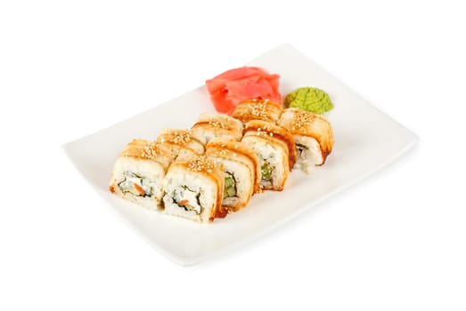 Sushi rolls at plate isolated on a white