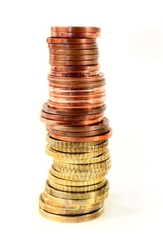 Different euro coins against white background