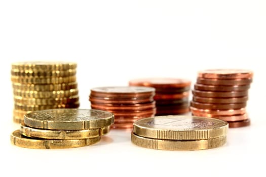 Different euro coins against white background