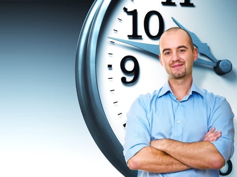 confident man crossed arms and 3d clock