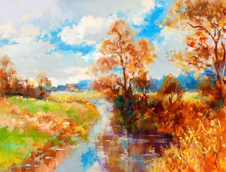 Autumn landscape painted on wooden panel