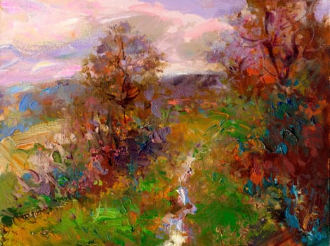 Autumnal landscape painted with oil paints