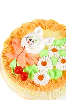 cream cake closeup with cherry on a grey