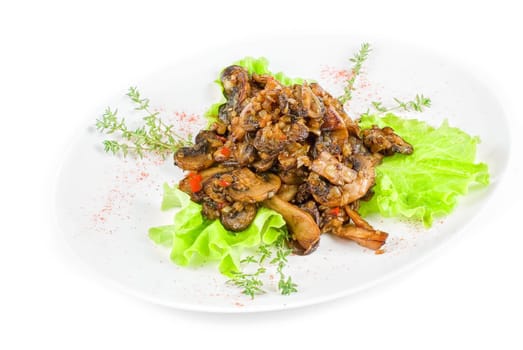 Roasted mushrooms salad isolated on a white background