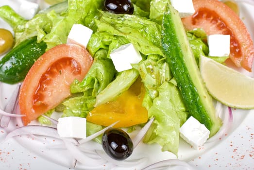 Greece salad closeup dish. Soft focus