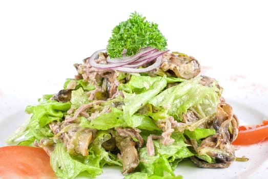 Salad of beef tongue with ginger, mayonnaise, lettuce and basilica