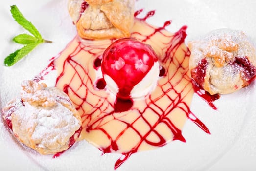 Tasty dessert with ice cream close up