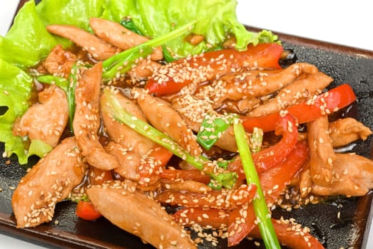 Chinese salad closeup with spicy meat and vegetable