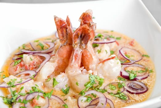 King shrimps with vegetables at cream sauce