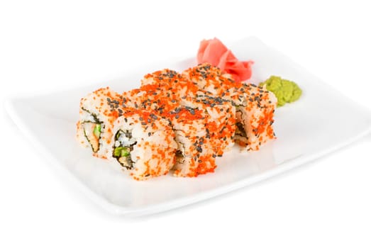 Sushi rolls at plate isolated on a white