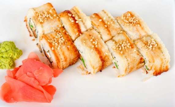 Sushi rolls at plate isolated on a white