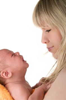 Young mother with crying baby boy on a white