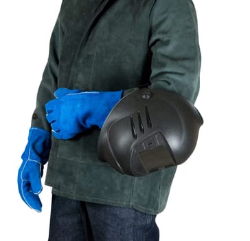 male welder closeup with welding equipment on a white